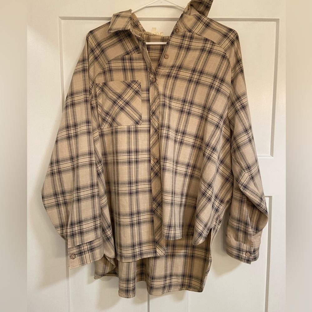 Cream and Black plaid button down shirt